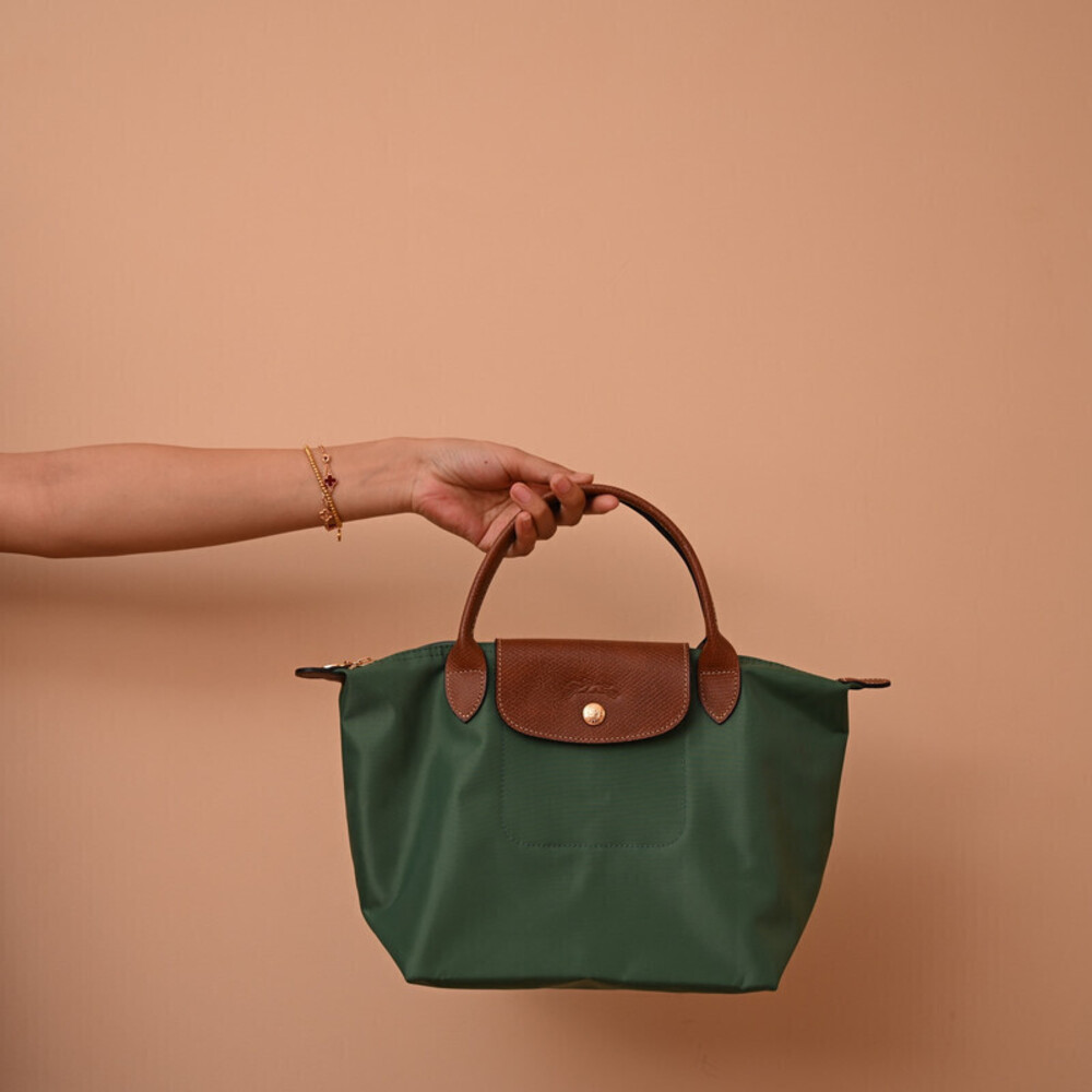 Longchamp Green Nylon Tote with Leather Trim